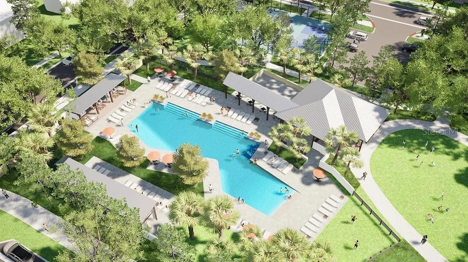 This is a rendering of a community pool area with lounge chairs and a clubhouse — 4541 FORGE ROAD, ST CLOUD, FL
