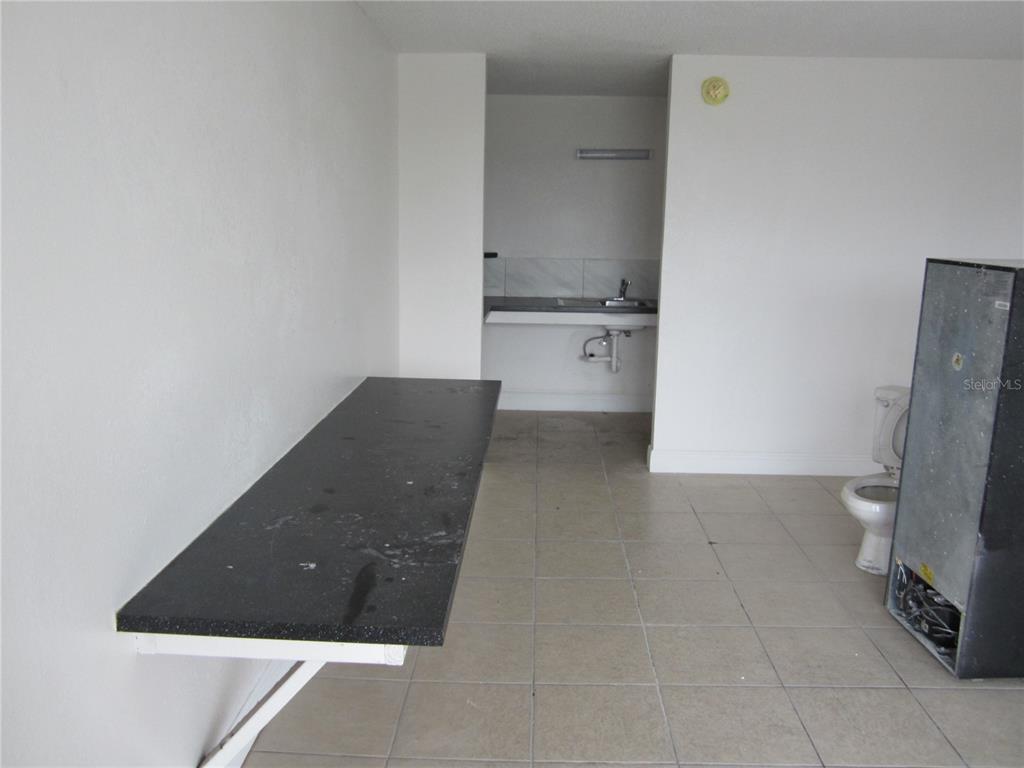 A room with a black wall-mounted counter, a small sink area, and a toilet — 4011 E COLUMBUS DRIVE, TAMPA, FL