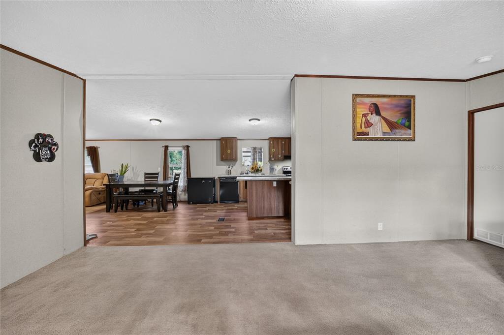 A carpeted living room opens into a kitchen and dining area with wood-look flooring — 4842 W NESTER COURT, HOMOSASSA, FL