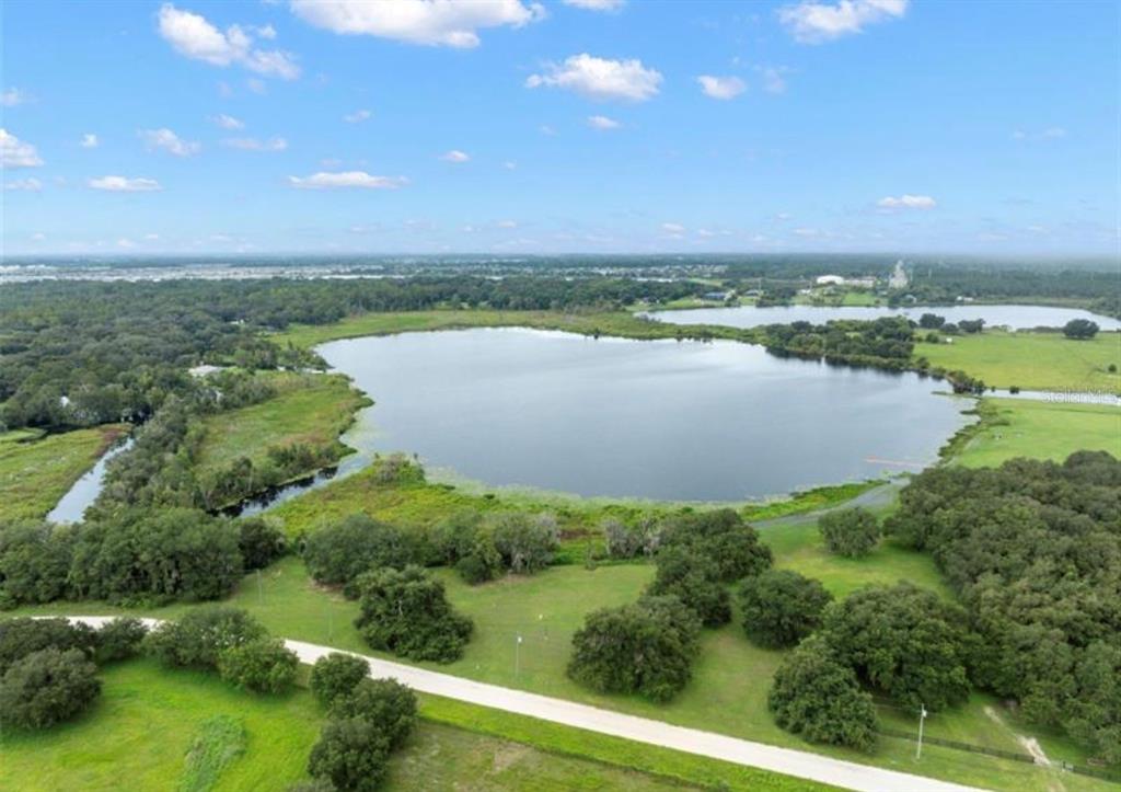 An aerial view shows a large lake surrounded by green fields and dense forest — 9028 MCKENDREE ROAD, WESLEY CHAPEL, FL