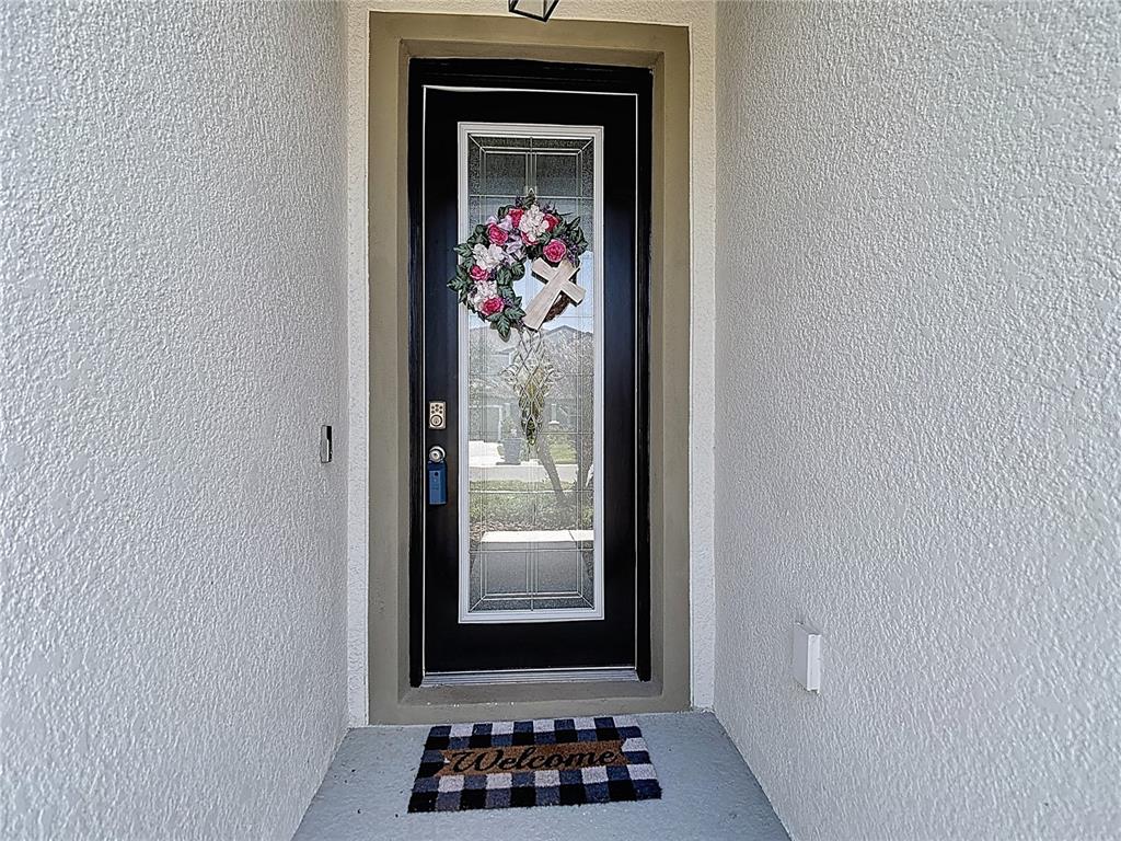 A black front door with a glass insert and floral wreath sits in a stucco entryway — 30980 JAZZ LEAF PLACE, SAN ANTONIO, FL