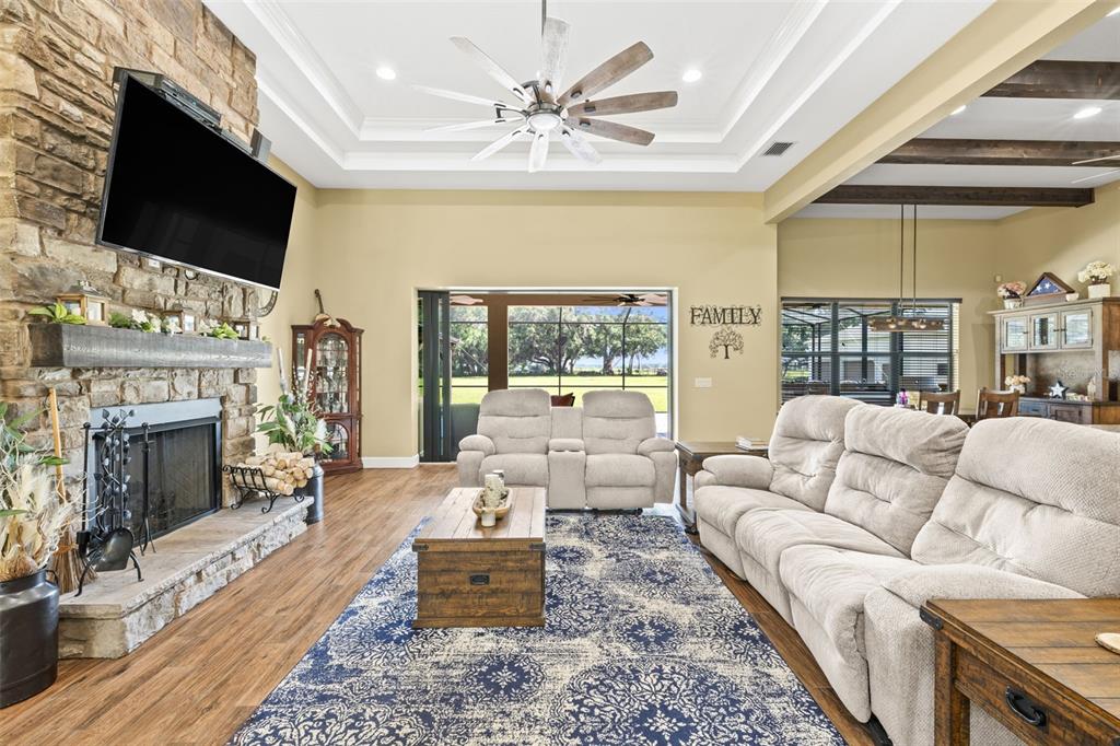A living room features a stone fireplace, a large area rug, and a ceiling fan — 5319 W TRAPNELL ROAD, DOVER, FL