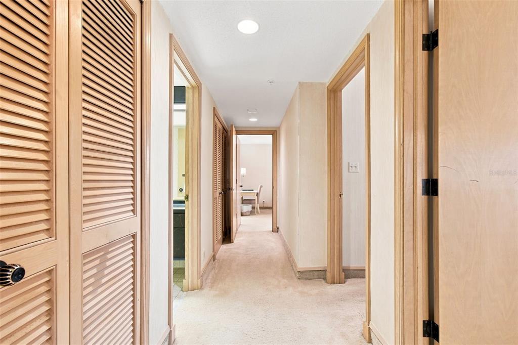 A carpeted hallway features light wood doors, louvered closet doors, and recessed ceiling lighting — 36750 US HIGHWAY 19 UNIT 21105, PALM HARBOR, FL