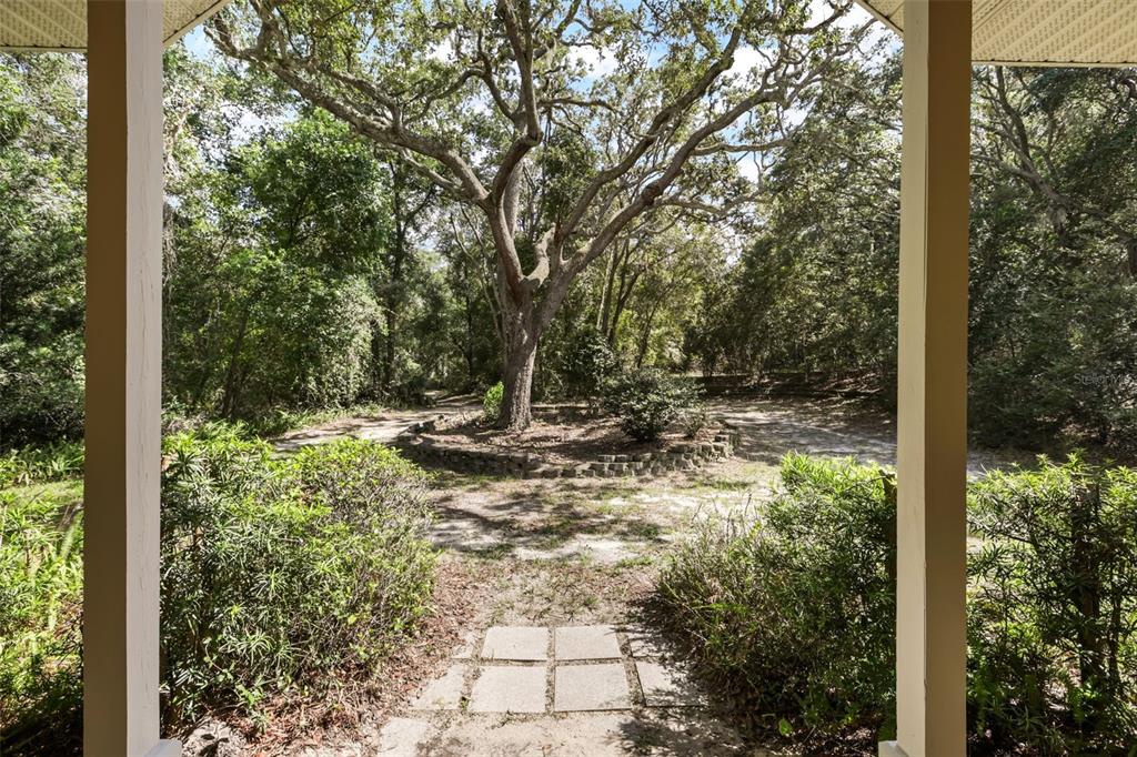 A view from a covered porch looking out toward a large tree and wooded yard — 1685 MANOR WAY, DELAND, FL