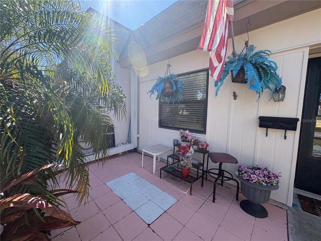A patio with pink tiles, a palm tree, hanging plants, and a small metal table — 1606 FLINT DRIVE W, CLEARWATER, FL