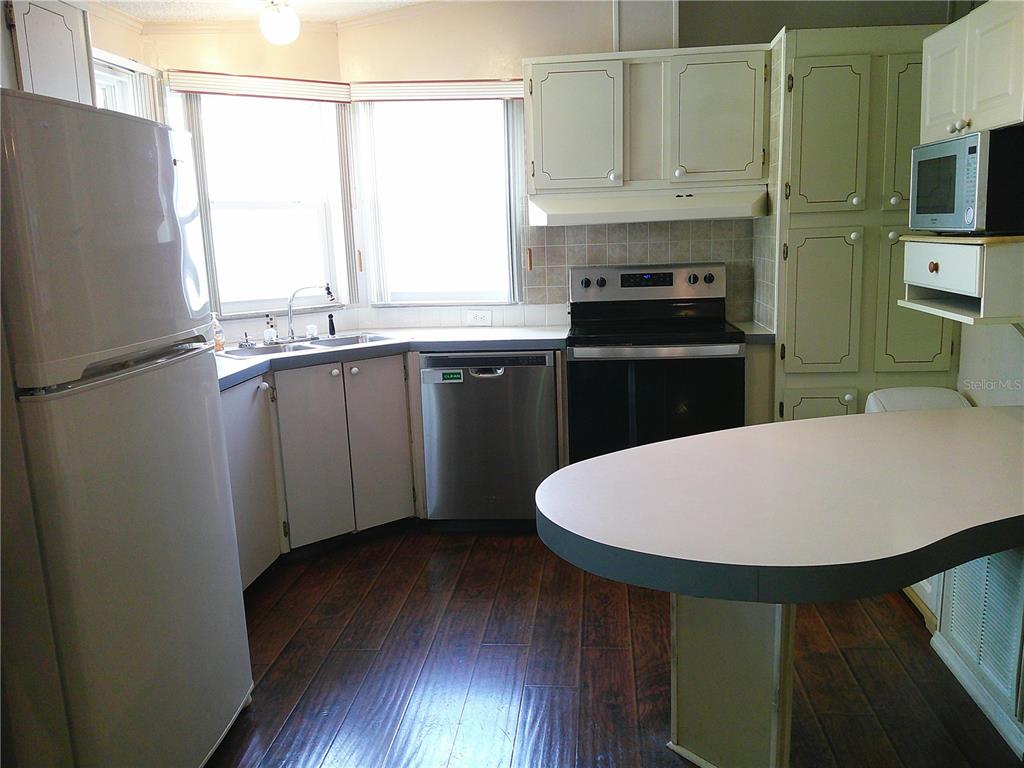 A kitchen with white cabinets, stainless steel appliances, and dark wood-look flooring — 34145 BROWN BAYOU, WESLEY CHAPEL, FL