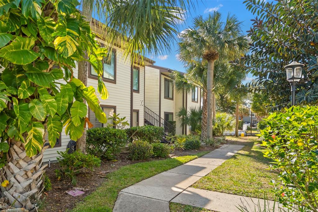 A sidewalk leads past a two-story apartment building with beige siding and palm trees — 412 MOORINGS COVE DRIVE UNIT 7H, TARPON SPRINGS, FL
