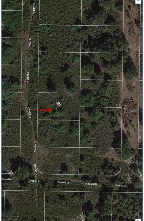 An aerial map view shows a vacant rectangular lot marked with a red arrow — 1508 DAUDET DRIVE, PUNTA GORDA, FL