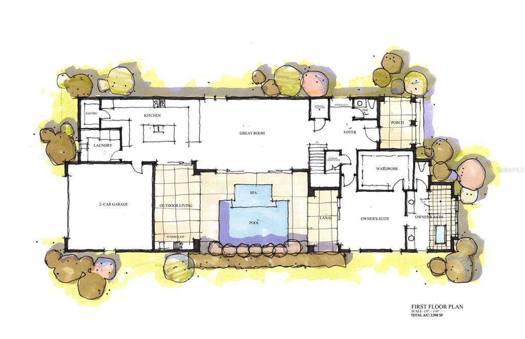 This is a watercolor architectural rendering of a two-story house with a stone chimney — 662 JAMES MOORE DRIVE, MOUNT DORA, FL