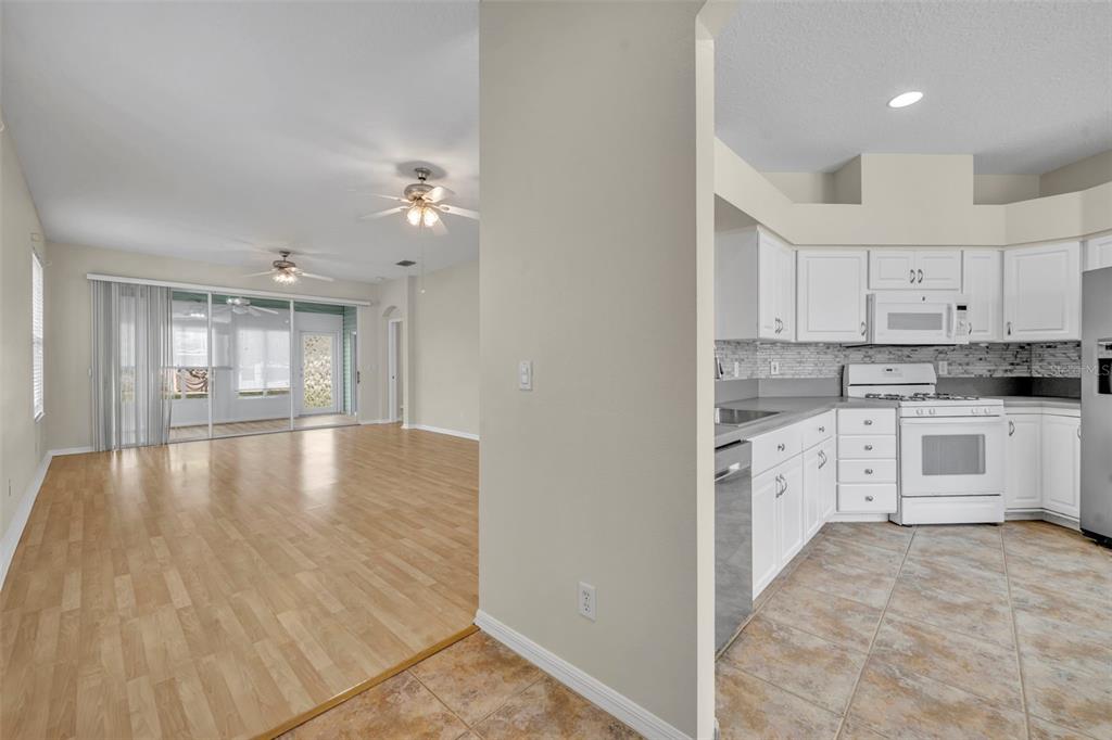 A covered concrete porch leads to a gray front door with decorative glass panels — 21630 REGENCY PARK LN, LEESBURG, FL