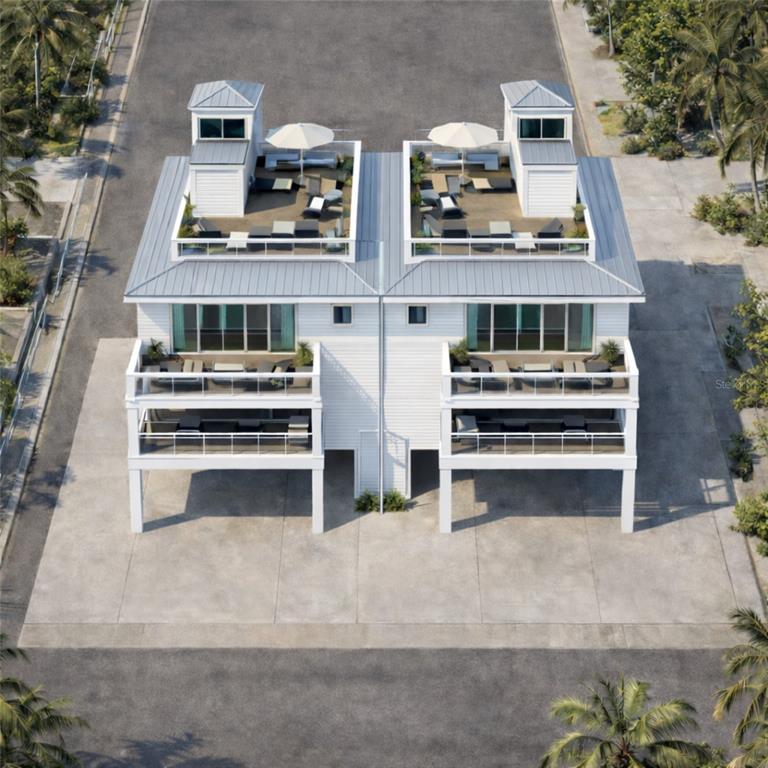 An aerial view shows a coastal neighborhood with a green arrow pointing to a house — 148 98TH AVENUE, TREASURE ISLAND, FL