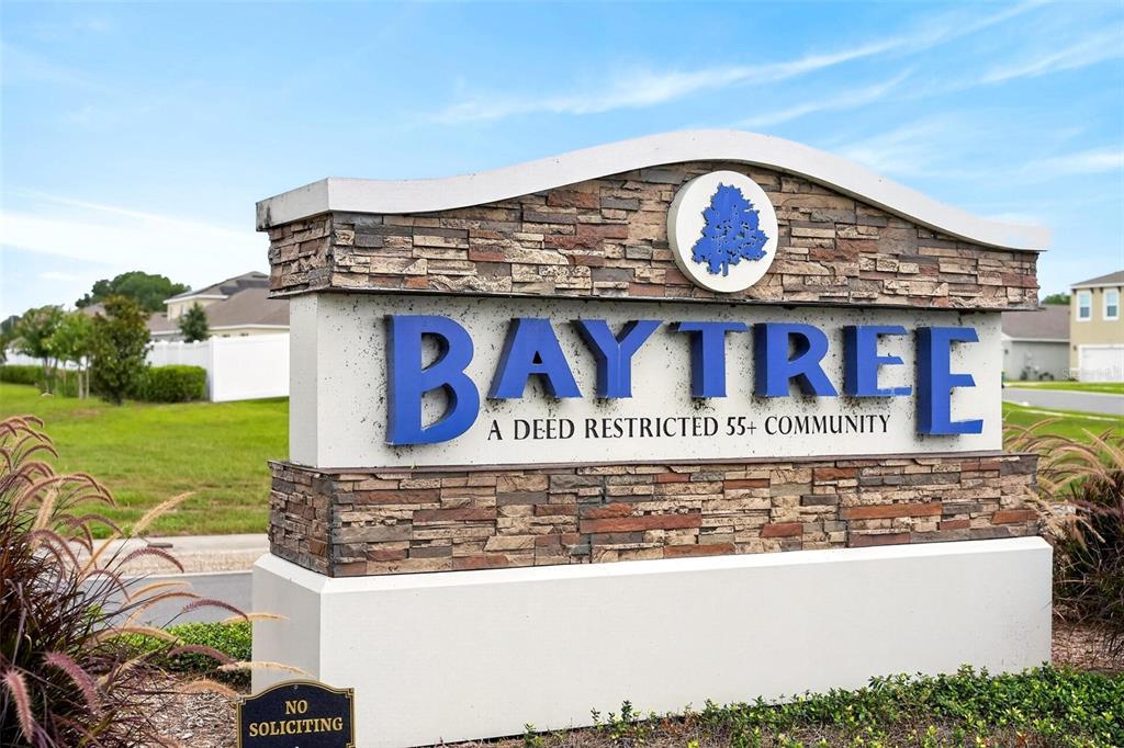 A stone-accented monument sign identifies the Baytree 55+ community entrance — 615 JUNIPER WAY, TAVARES, FL