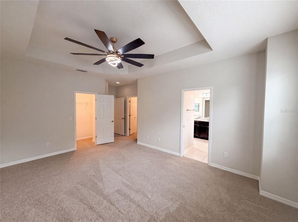 A bedroom with beige carpet, a tray ceiling with a ceiling fan, and multiple doorways — 4848 WANDERING WAY, WESLEY CHAPEL, FL