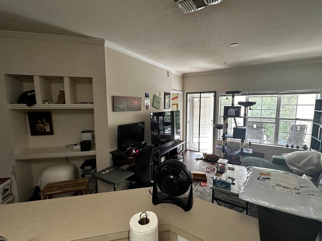 A living room with a built-in shelving unit, a desk, a cat tree, and a window — 3605 CONROY ROAD UNIT 524, ORLANDO, FL
