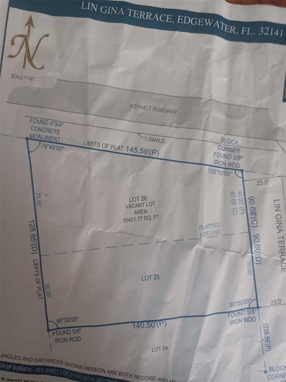 This is a survey map showing the property boundaries and dimensions for a vacant lot — LIN GINA TERRACE, EDGEWATER, FL