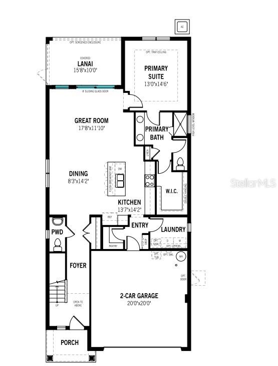 This is a floor plan for a home featuring a two-car garage, kitchen, and primary suite — 1706 SOARING VIDA STREET, PALMETTO, FL