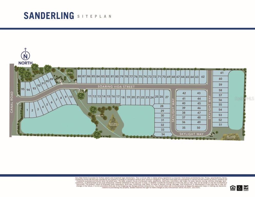 This is a site plan rendering for the Sanderling residential community showing numbered building lots — 1706 SOARING VIDA STREET, PALMETTO, FL