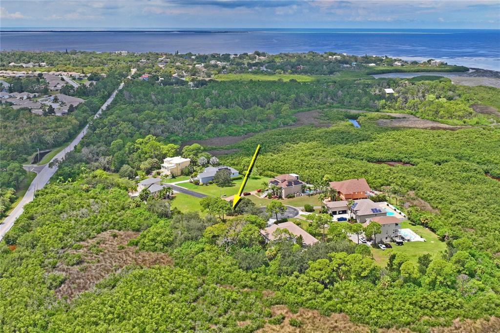 An aerial view shows a vacant lot marked with a pin near several residential homes — 3034 SHEPPARDS CROOK, HOLIDAY, FL