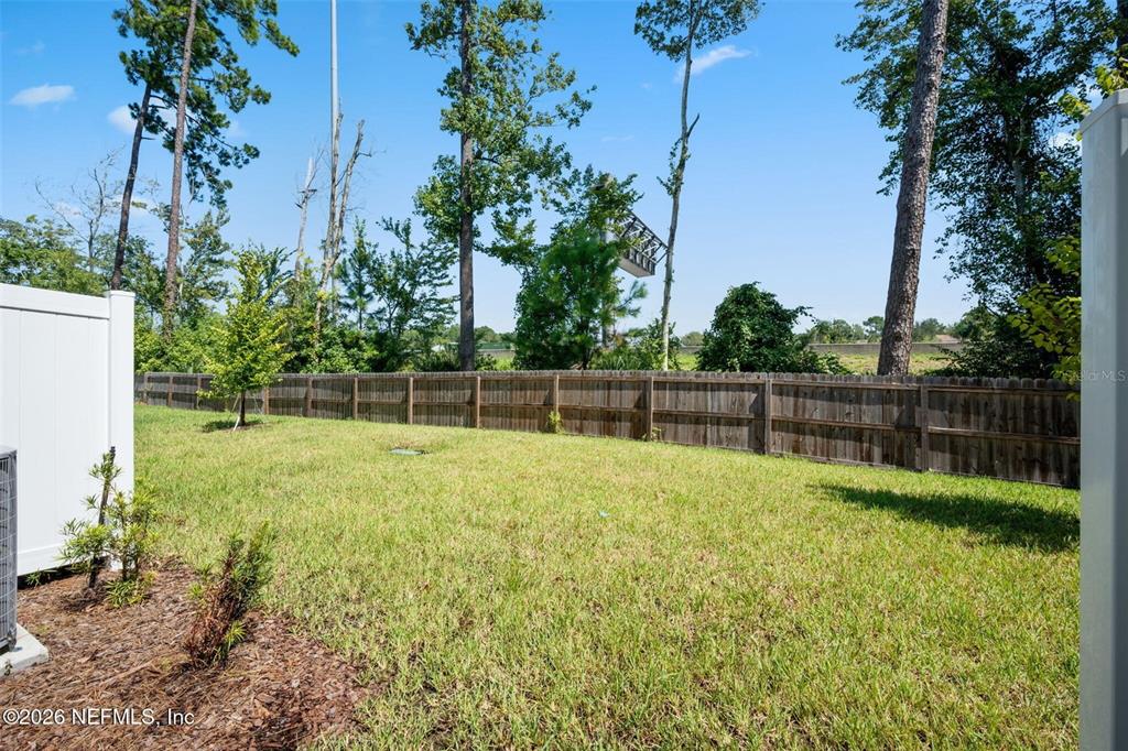 A grassy backyard features a wooden privacy fence and several tall trees under a blue sky — 514 HOLLYLAKES DRIVE, ORANGE PARK, FL