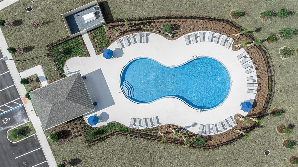 An aerial view shows a swimming pool with lounge chairs, umbrellas, and a covered pavilion — 7409 FIELDSTONE DRIVE, GROVELAND, FL