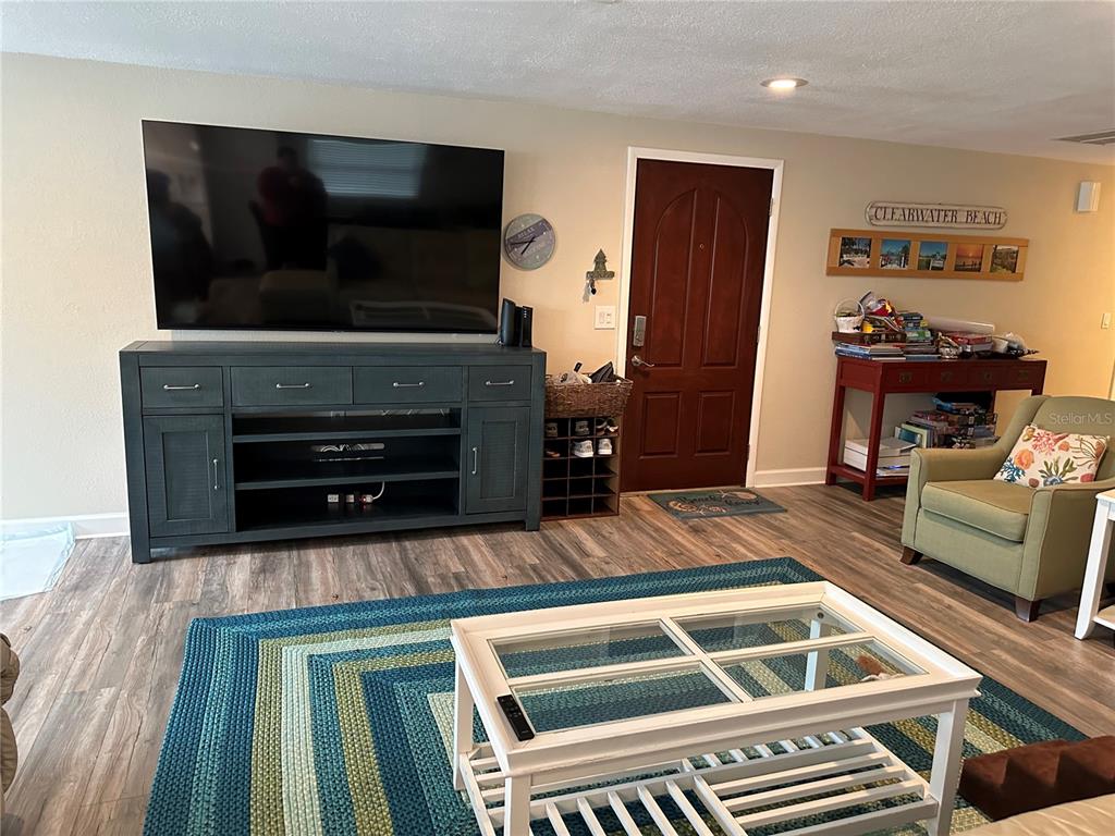 A living room features a large television on a dark console, wood flooring, and a rug — 745 ELDORADO AVENUE, CLEARWATER BEACH, FL