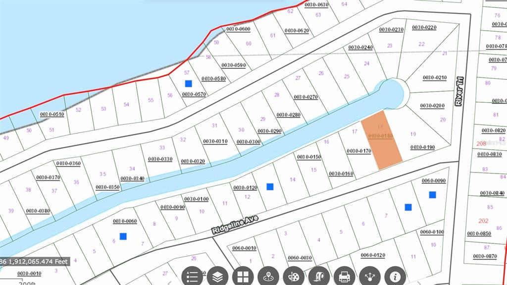 This image is a map showing property lot lines and parcel numbers in a neighborhood — 102 RIDGELINE AVENUE, SATSUMA, FL