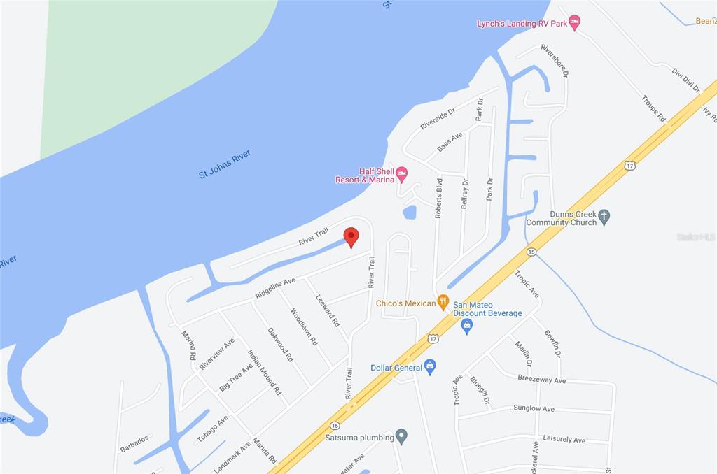 This is a map showing the location of a property near the St. Johns River — 102 RIDGELINE AVENUE, SATSUMA, FL