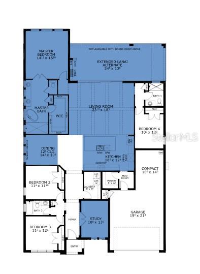 This is a floor plan for a single-story house featuring four bedrooms, a study, and a garage — 9 NEWCASTLE LANE, ORMOND BEACH, FL