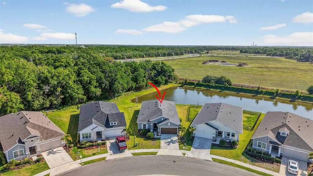An aerial view shows a row of suburban houses with a pond in the background — 11912 RICHMOND TRAIL, PARRISH, FL