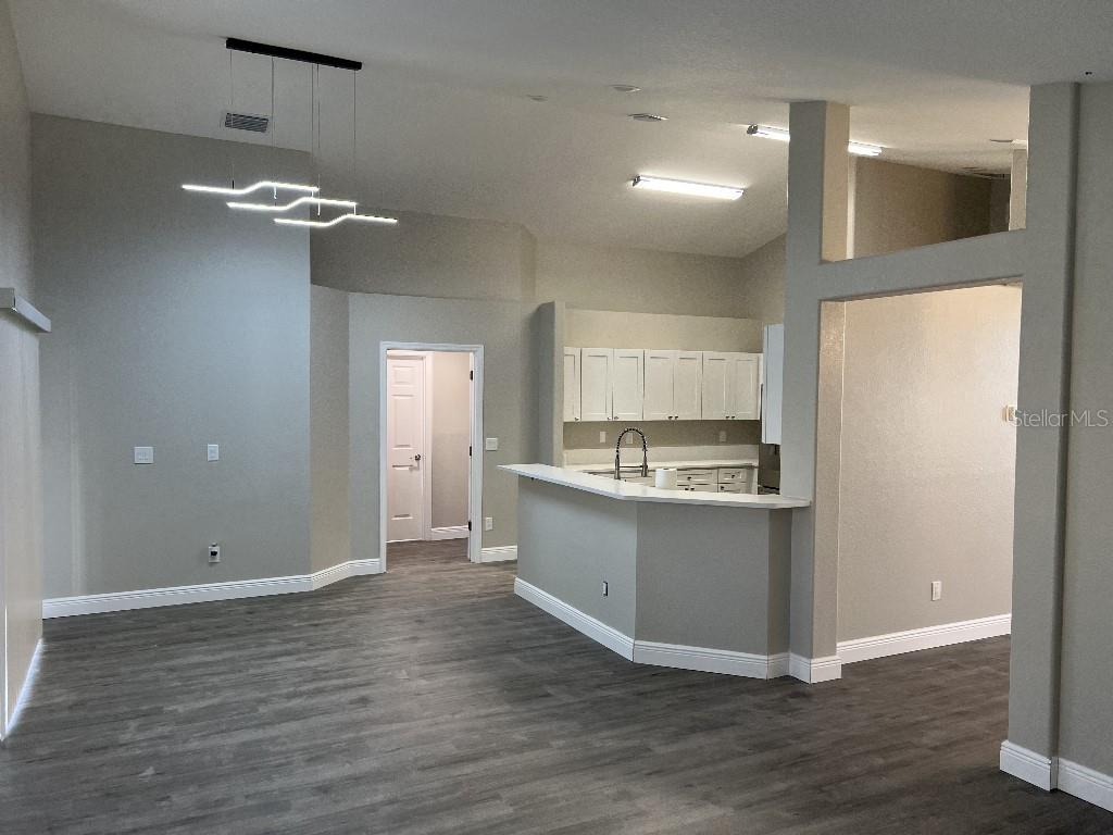 An open-concept living area features gray wood-look flooring, a kitchen with white cabinets, and a peninsula — 735 HURLEY DRIVE, WINTER GARDEN, FL