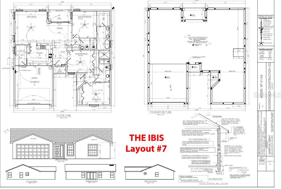 This architectural floor plan shows the layout, foundation, and exterior elevations for a residential home — 5926 CORMORANT COURT, LAKELAND, FL