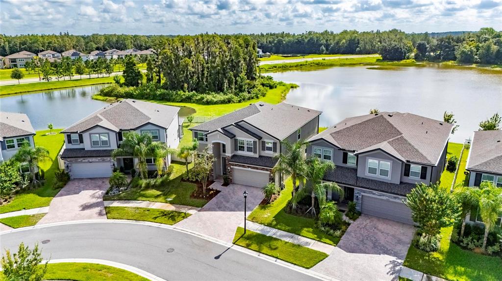 An aerial view shows three suburban houses with paved driveways situated along a lake — 10845 SUNDRIFT DRIVE, TAMPA, FL