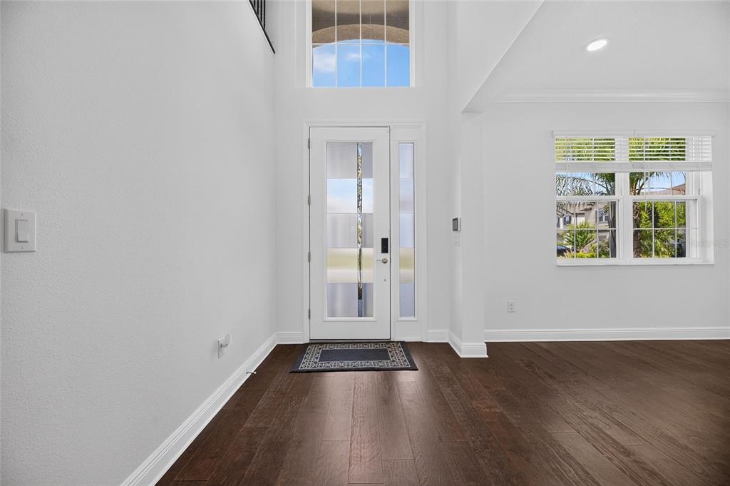 An entryway with high ceilings, a glass-paneled front door, and dark hardwood flooring — 10845 SUNDRIFT DRIVE, TAMPA, FL