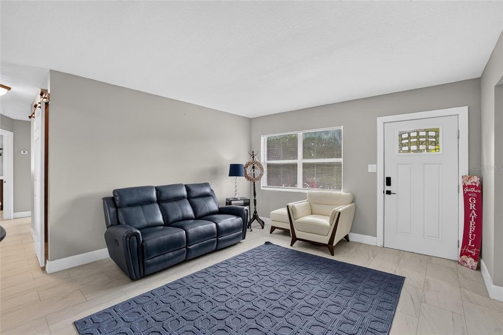 A living room features a dark blue sofa, a cream armchair, and a patterned rug — 10420 N 22ND STREET, TAMPA, FL