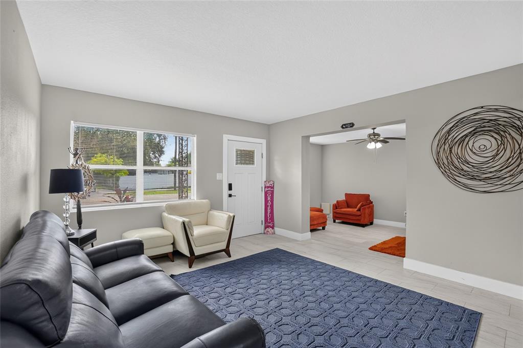 A living room features a black leather sofa, a white armchair, and a blue rug — 10420 N 22ND STREET, TAMPA, FL