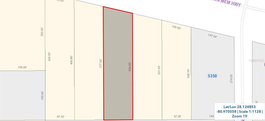 This is a property map showing a highlighted rectangular land parcel with its boundary dimensions — 0 E IRLO BRONSON MEMORIAL HIGHWAY, ST CLOUD, FL