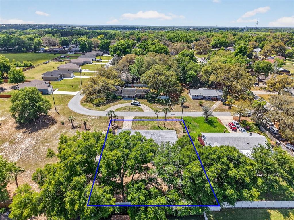 An aerial view shows a residential property outlined in blue, surrounded by trees and houses — 17923 FLORIDA STREET, UMATILLA, FL