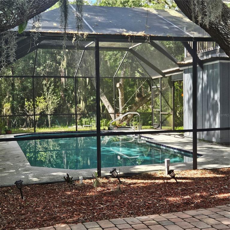 A screened-in swimming pool sits in a backyard surrounded by trees and landscaping — 4841 HAWKSHEAD PARK, SARASOTA, FL