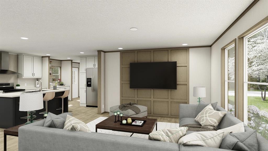 This interior rendering shows an open-concept living room and kitchen with wood-paneled accent wall — 40390 COUNTRY ROAD, EUSTIS, FL