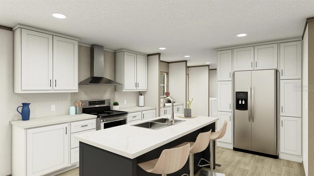 This rendering shows a modern kitchen with white cabinets, a dark island, and stainless appliances — 40390 COUNTRY ROAD, EUSTIS, FL