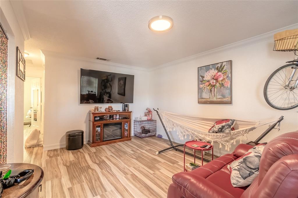 A living room features wood-look tile flooring, a wall-mounted television, a hammock, and a red sofa — 428 AUBURN DRIVE UNIT 202, DAYTONA BEACH, FL