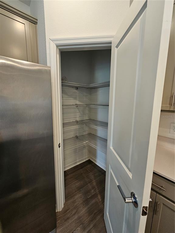 A pantry with wire shelving is visible through an open white door next to a refrigerator — 4123 CONJUNCTION WAY, APOPKA, FL