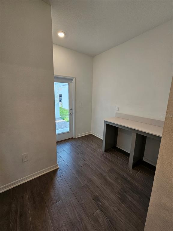 A laundry room with a built-in counter, dark wood-look tile flooring, and a glass-paneled door — 4123 CONJUNCTION WAY, APOPKA, FL