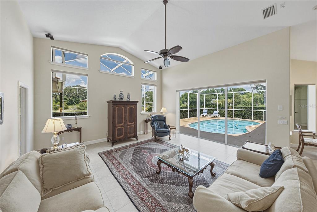 A living room with high ceilings, tile floors, and large sliding doors opening to a pool — 19616 AMAZON BASIN BEND, LUTZ, FL
