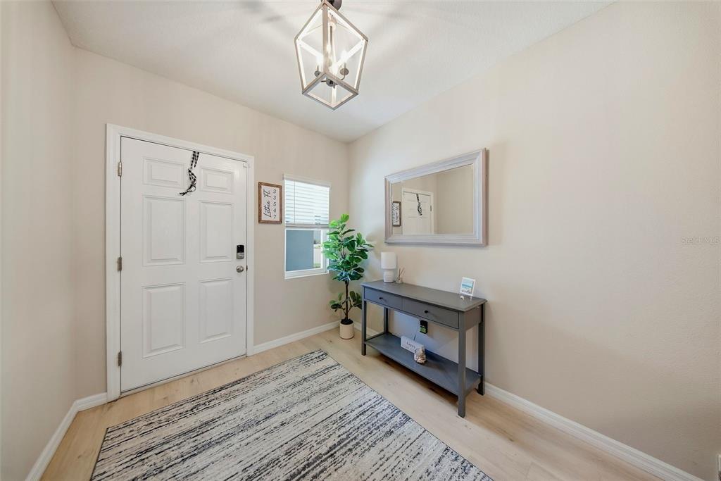 An entryway features a white door, a gray console table, a mirror, and a light fixture — 12953 CAMARILLO PLACE, LITHIA, FL