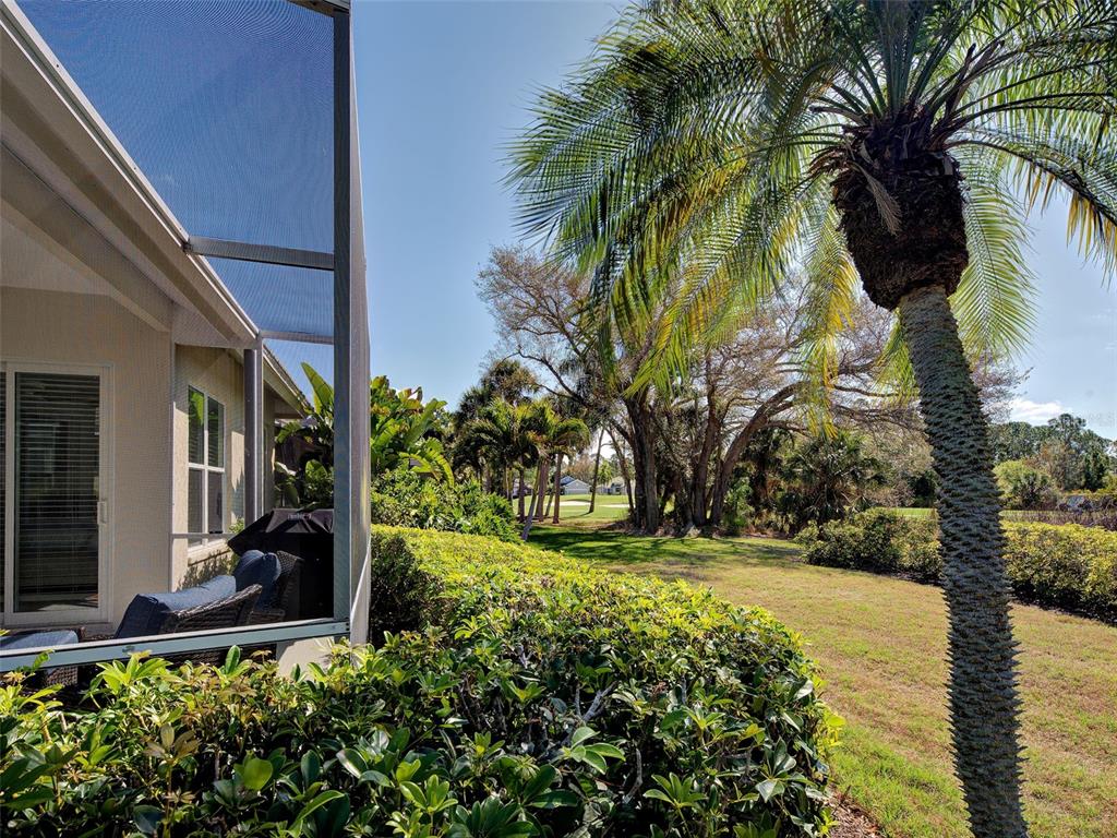 A view from a screened-in patio looking out toward a grassy yard and palm trees — 311 LANSBROOK DRIVE, VENICE, FL
