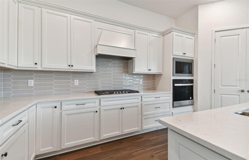 A kitchen with white cabinets, a gray tiled backsplash, and stainless steel appliances — 17056 CANARY TRAIL, PARRISH, FL