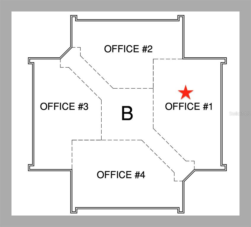 This is a floor plan showing four offices arranged around a central area labeled B — 6801 US-27 N UNIT B1, SEBRING, FL