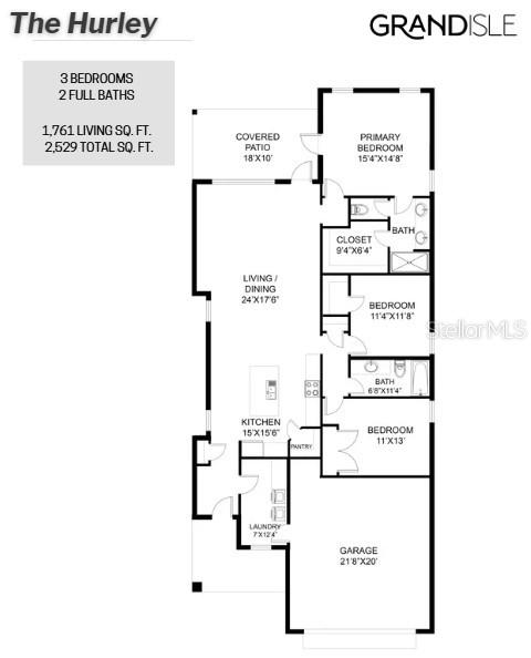 This is a floor plan for a three-bedroom, two-bathroom home named The Hurley — 3780 WATERCLIFF CIRCLE, GRAND ISLAND, FL