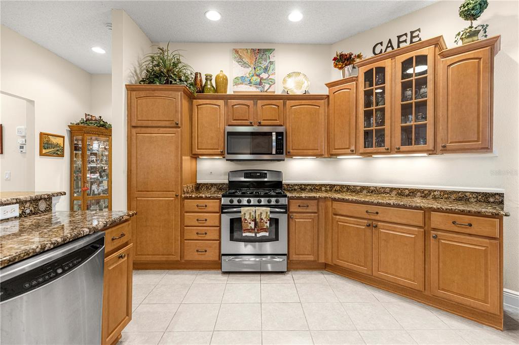 A kitchen features medium-toned wood cabinets, granite countertops, stainless steel appliances, and tile flooring — 571 TROY LOOP, THE VILLAGES, FL